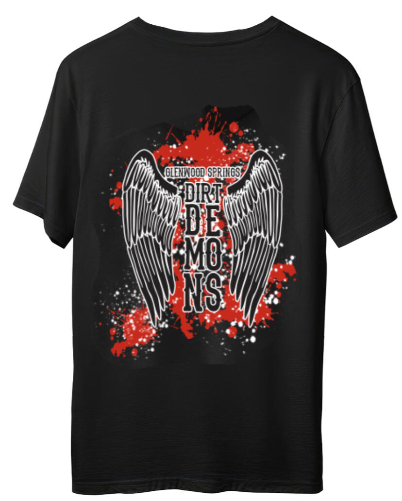 Black t-shirt back with Dirt Demons wings logo