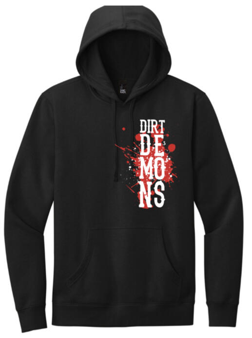 Black hoodie front with Dirt Demons logo