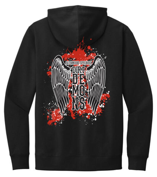 Black hoodie back with Dirt Demons wings logo