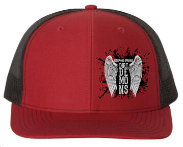 Dirt Demons Hat Red and black trucker hat with Dirt Demons logo